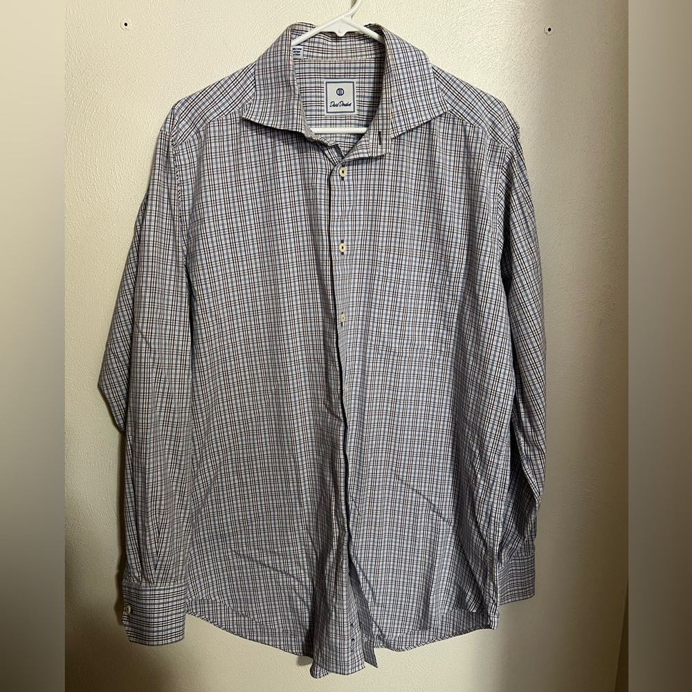 DAVID DONAHUE Classic Plaid 100% Cotton Button Down Dress Shirt Blue Tan Men's L